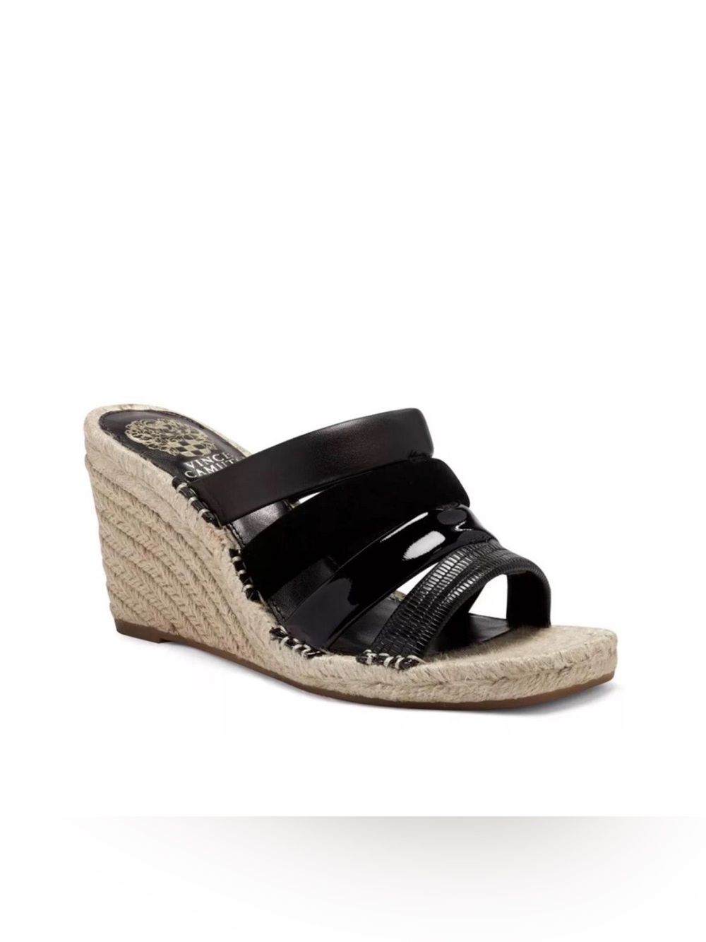 Vince Camuto Black Multi-Strip Espadrille Wedge Sandals